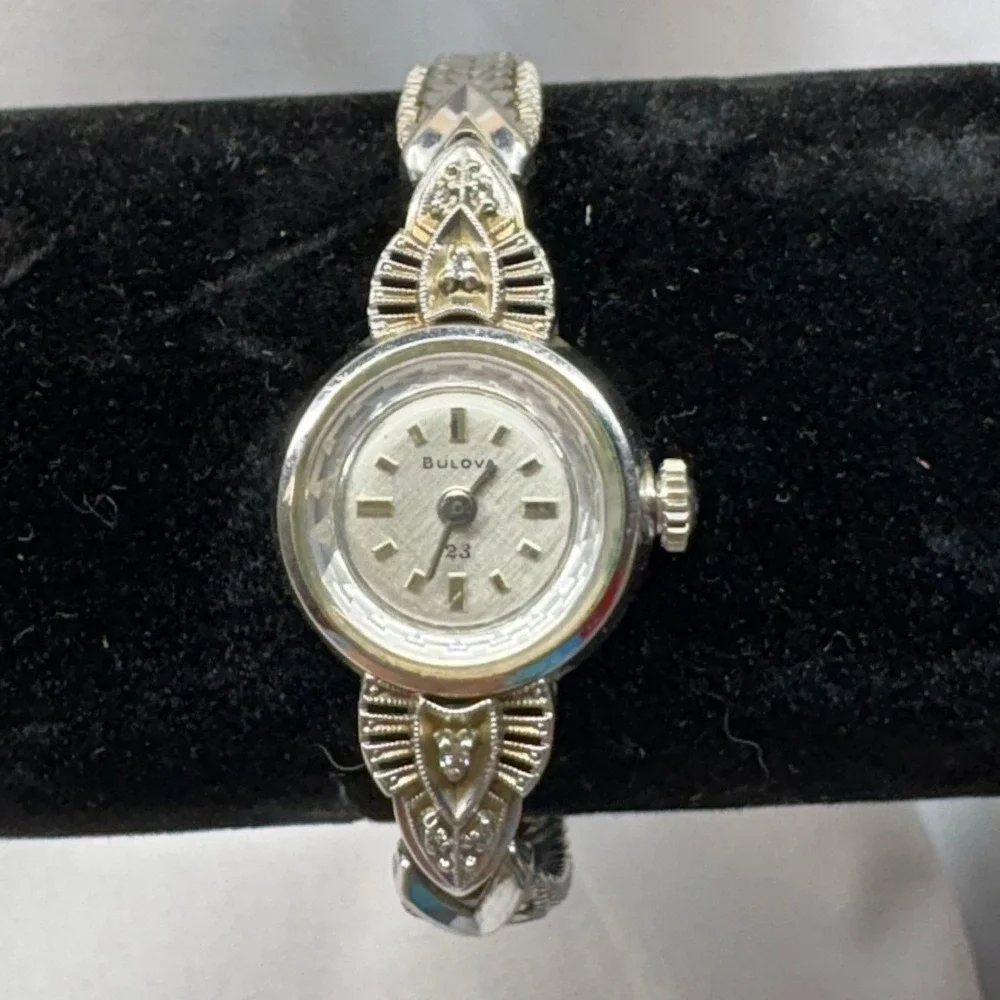 Bulova Wristwatch Womens 5.5 Silver Good 1960s 10k RGP Diamond Cocktail 23 Jwl